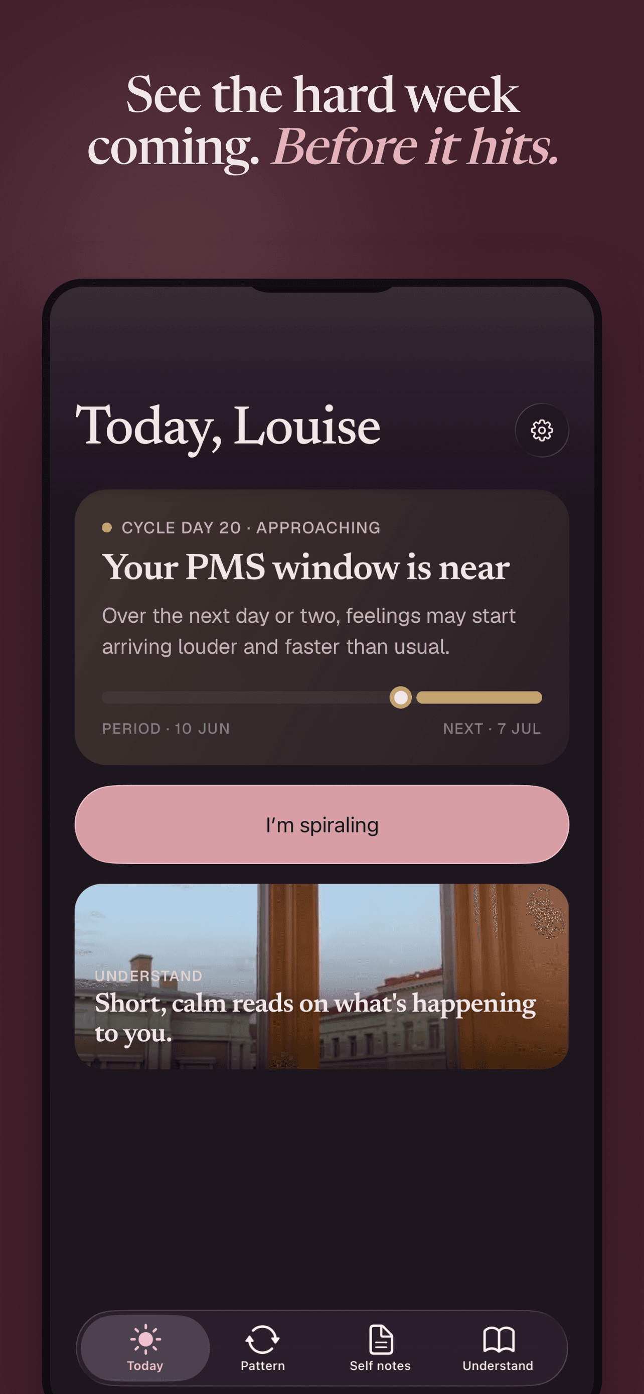 Luteal Today screen showing the approaching PMS window
