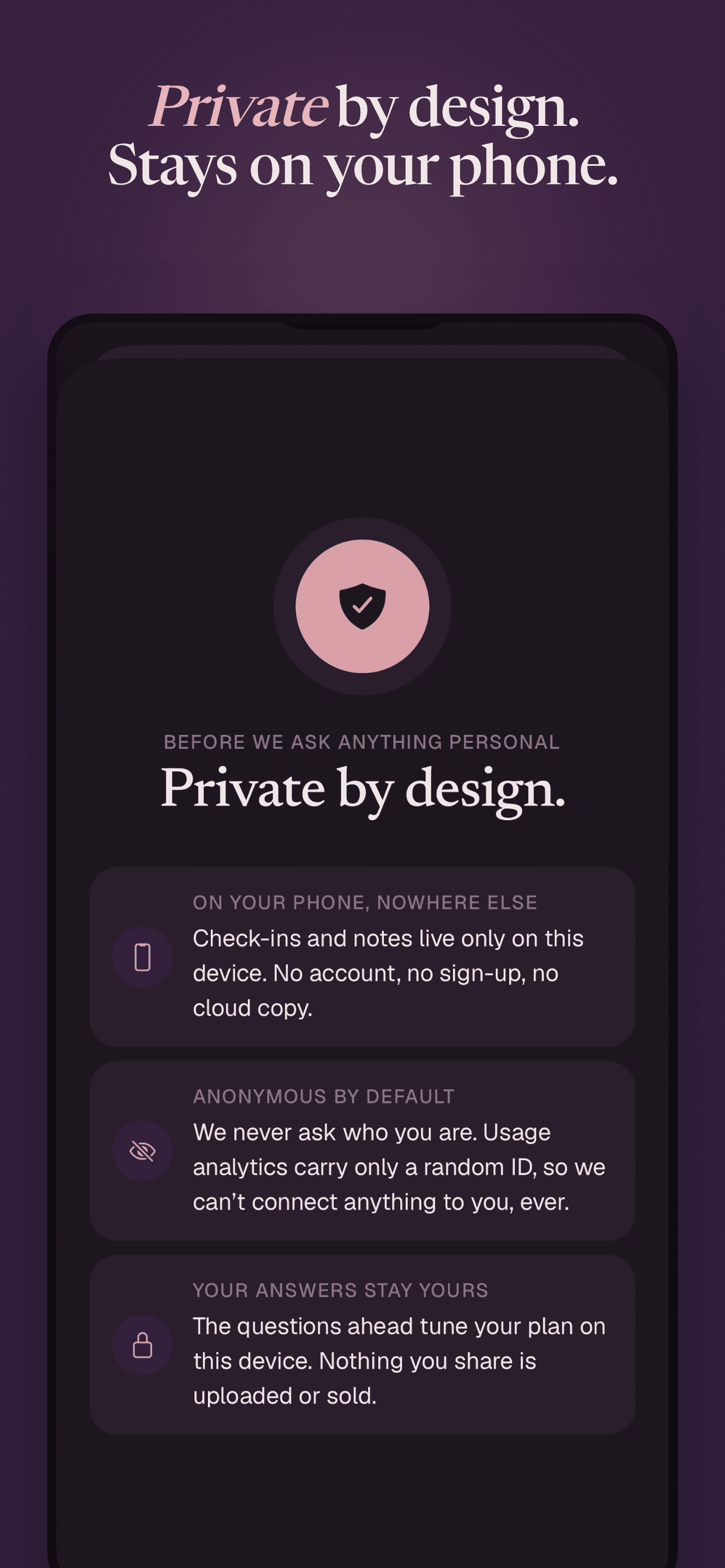 Luteal privacy screen explaining on device storage